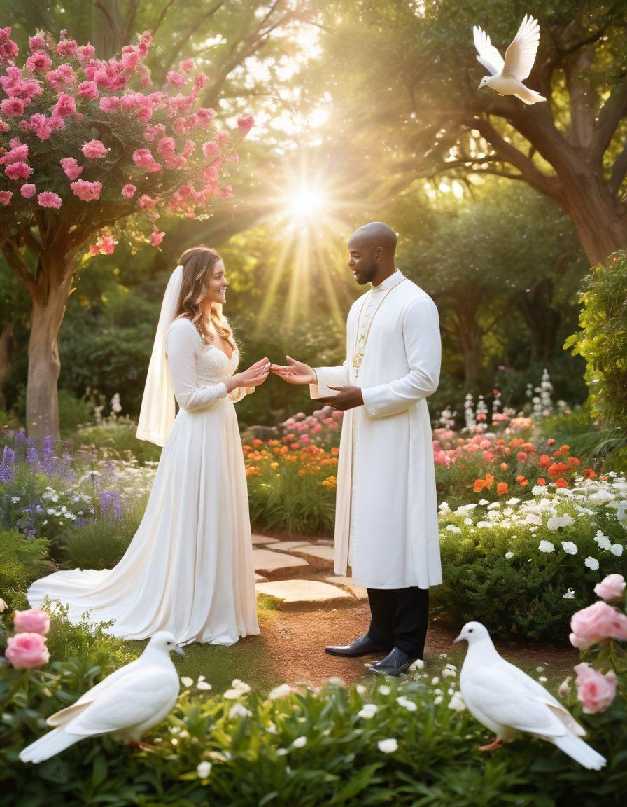 A serene scene depicting diverse couples engaged in heartfelt conversations in a lush garden, surrounded by symbols of faith such as doves and intertwined hands, radiating warmth and connection. Soft sunlight filters through the trees, highlighting the beauty of love and empowerment. Add elements of romance like blossoming flowers and gentle heart motifs. vibrant colors. whimsical style. natural setting.