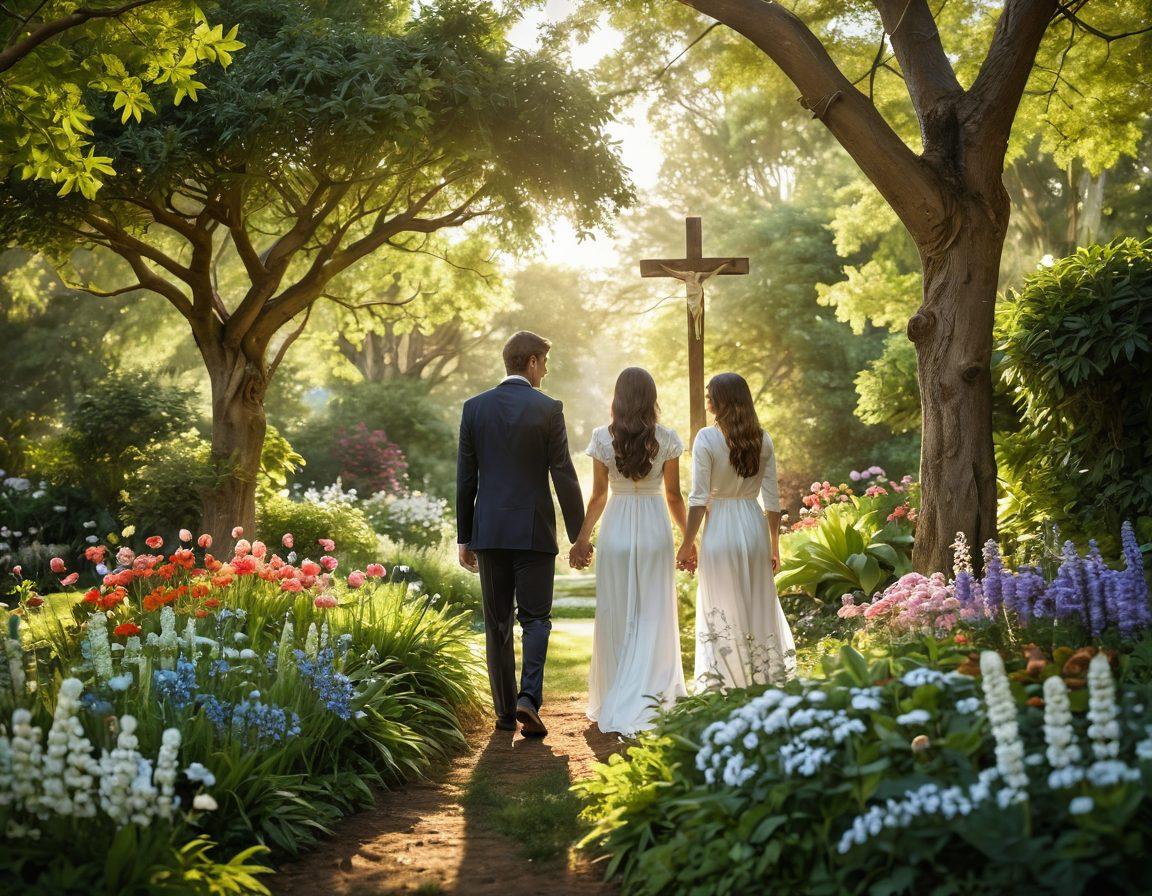A serene couple holding hands in a lush garden, symbolizing connection and understanding, with soft sunlight filtering through the trees. In the background, a cross is subtly integrated into the landscape, representing faith and guidance. The atmosphere is warm and inviting, filled with blooming flowers and gentle birds. super-realistic. vibrant colors. soft focus.