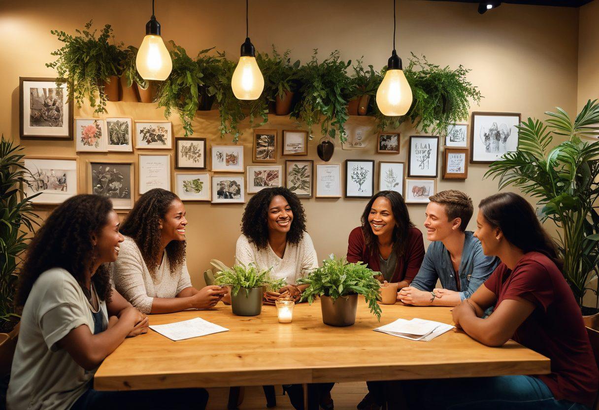 A diverse group of people gathered in a cozy community space, engaging in heartfelt conversations, surrounded by plants and warm lighting. Illustrate gestures of connection, such as hugs and laughter, showcasing the theme of nurturing passion and connection. Include elements like wall art featuring love quotes and a table with community-building resources. vibrant colors. cozy ambiance.